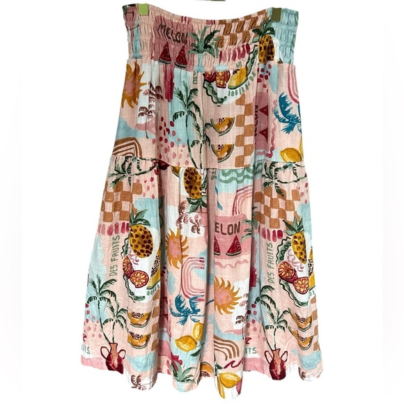 Tropical Fruit Print Tiered Midi Skirt European Vaca Coastal Boho Vibes Size L - Picture 1 of 5